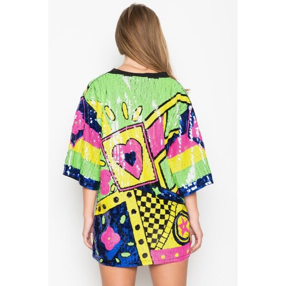 Colorful Sequined Mini Dress Retro Geometric Print Tunic Top Dopamine Dressing - Picture 2 of 8